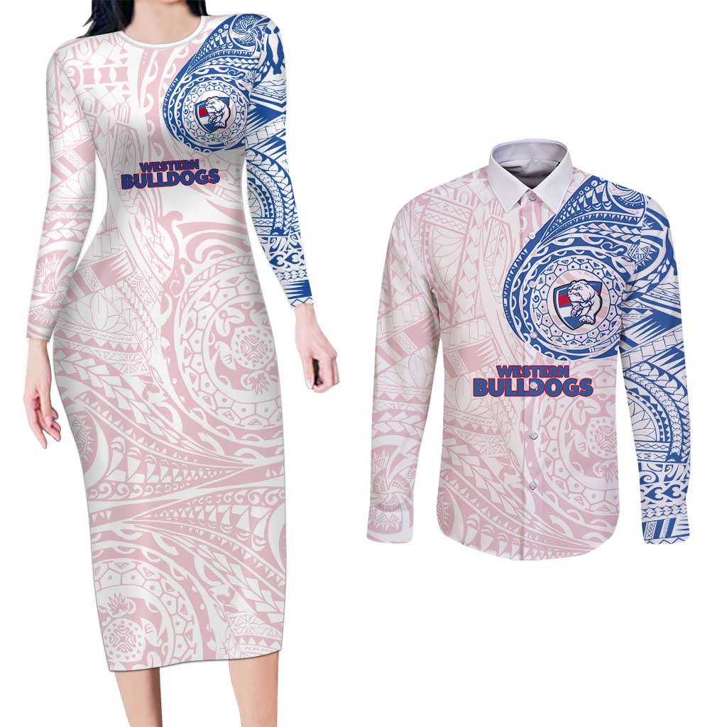 Personalized Western Bulldogs Polynesian Couples Matching Long Sleeve Bodycon Dress and Long Sleeve Button Shirt Tribal Chest and Sleeve Tattoo Heritage Warrior