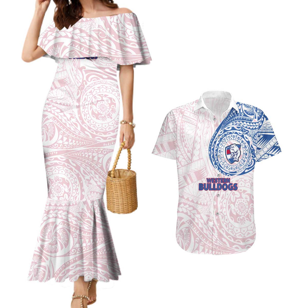 Personalized Western Bulldogs Polynesian Couples Matching Mermaid Dress and Hawaiian Shirt Tribal Chest and Sleeve Tattoo Heritage Warrior