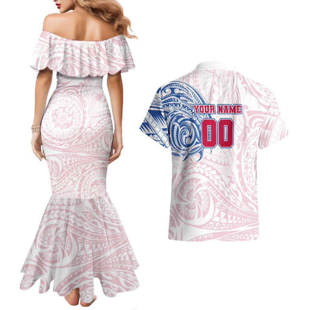 Personalized Western Bulldogs Polynesian Couples Matching Mermaid Dress and Hawaiian Shirt Tribal Chest and Sleeve Tattoo Heritage Warrior