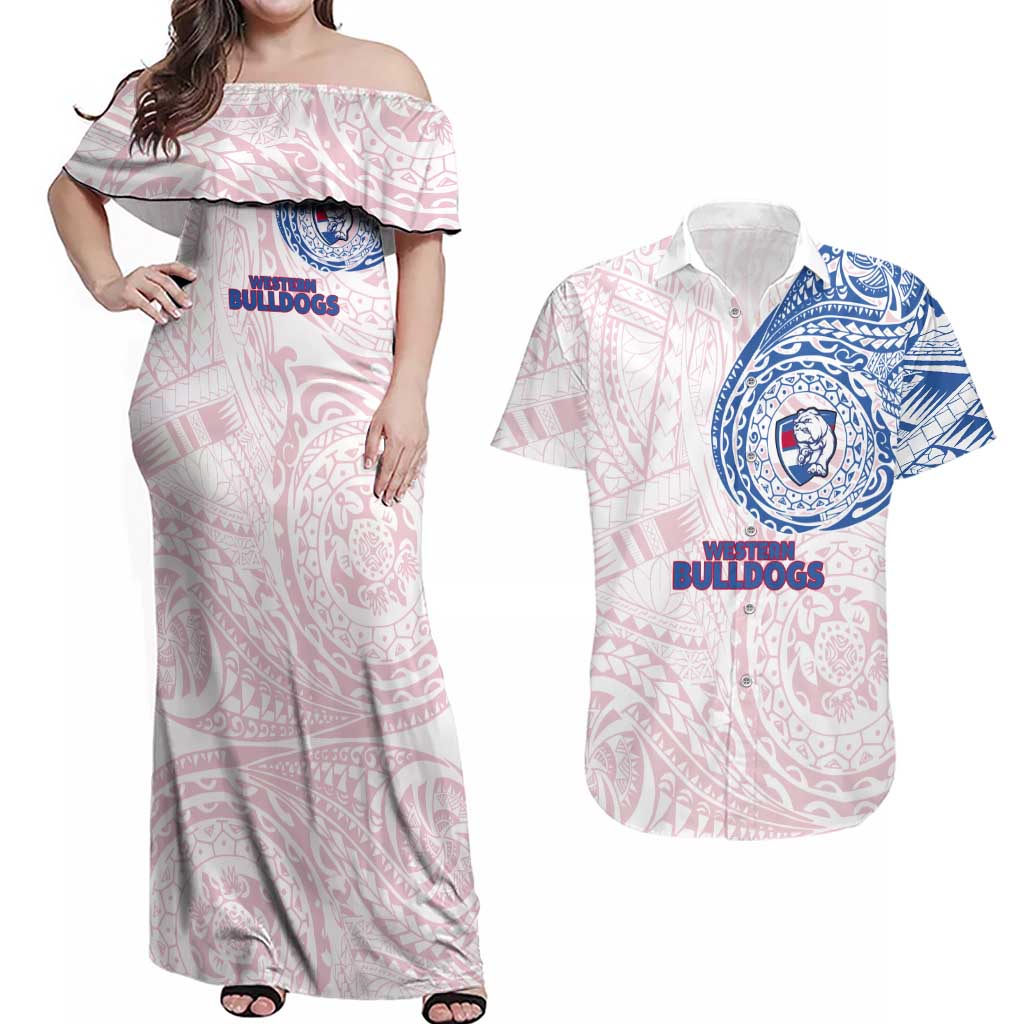 Personalized Western Bulldogs Polynesian Couples Matching Off Shoulder Maxi Dress and Hawaiian Shirt Tribal Chest and Sleeve Tattoo Heritage Warrior