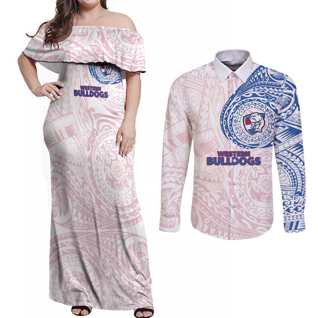 Personalized Western Bulldogs Polynesian Couples Matching Off Shoulder Maxi Dress and Long Sleeve Button Shirt Tribal Chest and Sleeve Tattoo Heritage Warrior