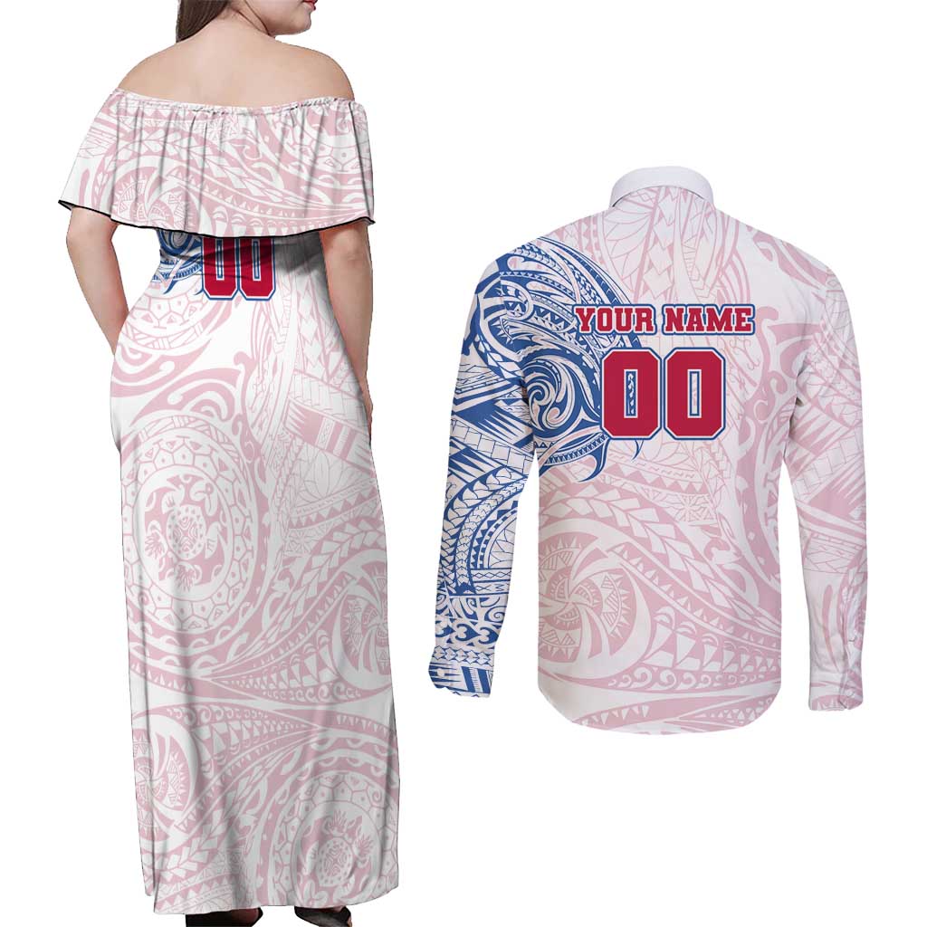 Personalized Western Bulldogs Polynesian Couples Matching Off Shoulder Maxi Dress and Long Sleeve Button Shirt Tribal Chest and Sleeve Tattoo Heritage Warrior