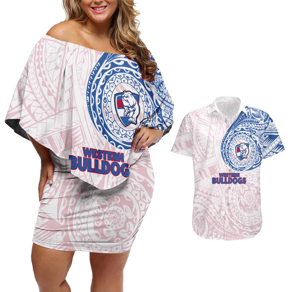 Personalized Western Bulldogs Polynesian Couples Matching Off Shoulder Short Dress and Hawaiian Shirt Tribal Chest and Sleeve Tattoo Heritage Warrior