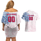 Personalized Western Bulldogs Polynesian Couples Matching Off Shoulder Short Dress and Hawaiian Shirt Tribal Chest and Sleeve Tattoo Heritage Warrior