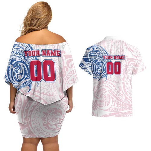 Personalized Western Bulldogs Polynesian Couples Matching Off Shoulder Short Dress and Hawaiian Shirt Tribal Chest and Sleeve Tattoo Heritage Warrior