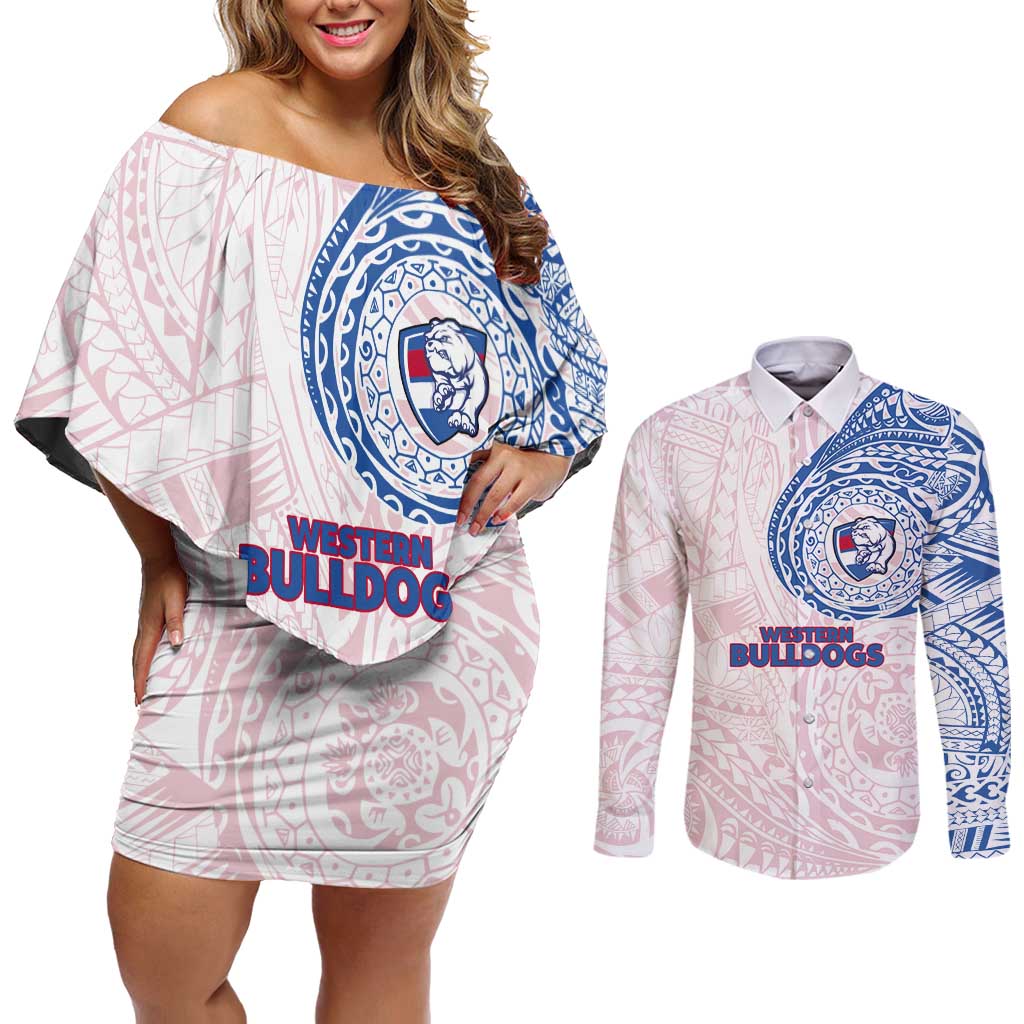 Personalized Western Bulldogs Polynesian Couples Matching Off Shoulder Short Dress and Long Sleeve Button Shirt Tribal Chest and Sleeve Tattoo Heritage Warrior