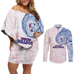 Personalized Western Bulldogs Polynesian Couples Matching Off Shoulder Short Dress and Long Sleeve Button Shirt Tribal Chest and Sleeve Tattoo Heritage Warrior