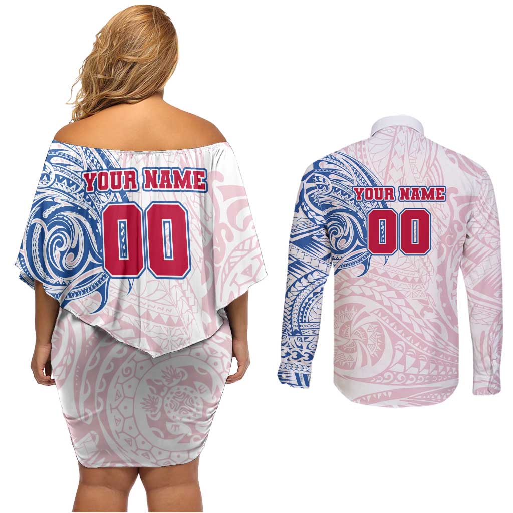 Personalized Western Bulldogs Polynesian Couples Matching Off Shoulder Short Dress and Long Sleeve Button Shirt Tribal Chest and Sleeve Tattoo Heritage Warrior