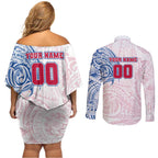 Personalized Western Bulldogs Polynesian Couples Matching Off Shoulder Short Dress and Long Sleeve Button Shirt Tribal Chest and Sleeve Tattoo Heritage Warrior