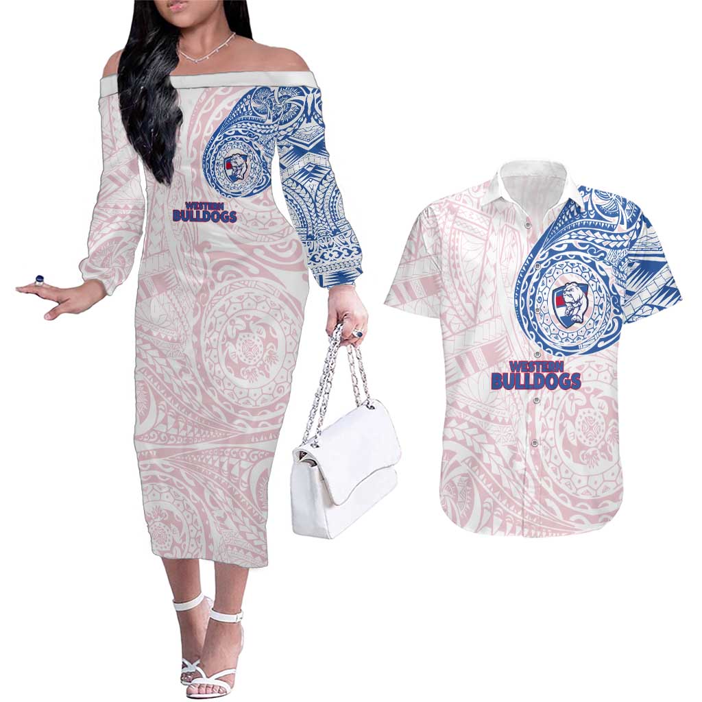 Personalized Western Bulldogs Polynesian Couples Matching Off The Shoulder Long Sleeve Dress and Hawaiian Shirt Tribal Chest and Sleeve Tattoo Heritage Warrior