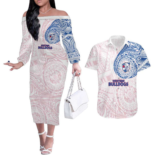 Personalized Western Bulldogs Polynesian Couples Matching Off The Shoulder Long Sleeve Dress and Hawaiian Shirt Tribal Chest and Sleeve Tattoo Heritage Warrior