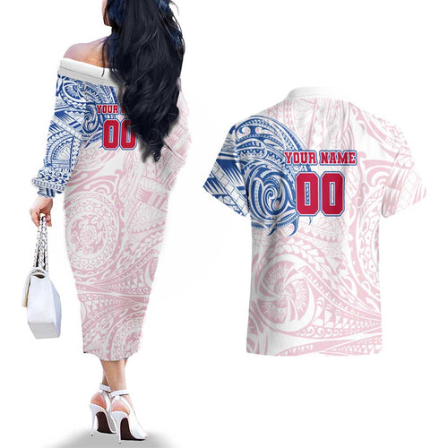 Personalized Western Bulldogs Polynesian Couples Matching Off The Shoulder Long Sleeve Dress and Hawaiian Shirt Tribal Chest and Sleeve Tattoo Heritage Warrior