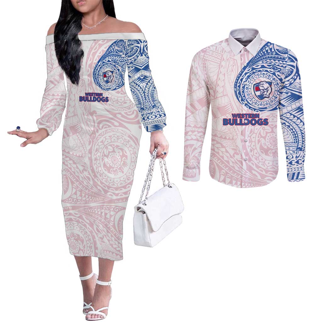 Personalized Western Bulldogs Polynesian Couples Matching Off The Shoulder Long Sleeve Dress and Long Sleeve Button Shirt Tribal Chest and Sleeve Tattoo Heritage Warrior