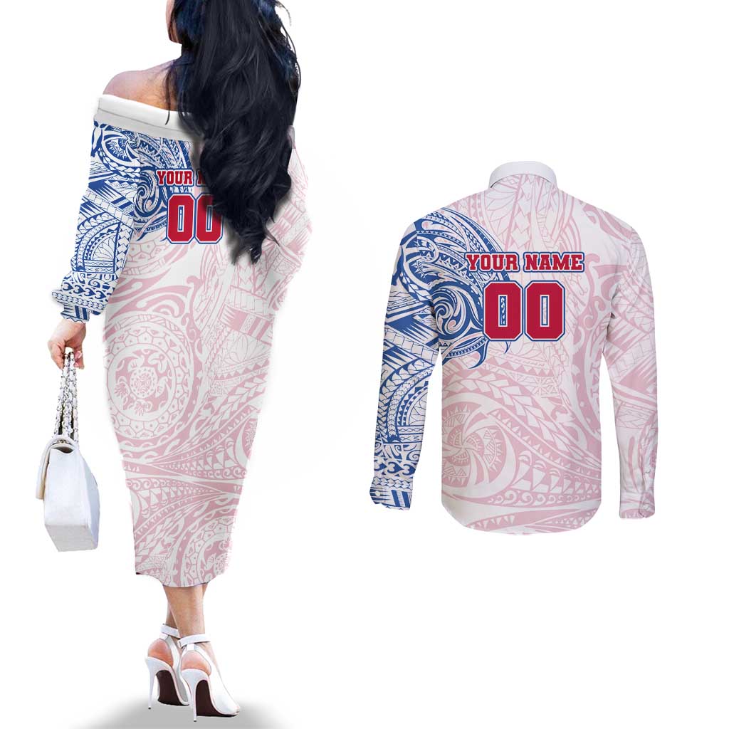 Personalized Western Bulldogs Polynesian Couples Matching Off The Shoulder Long Sleeve Dress and Long Sleeve Button Shirt Tribal Chest and Sleeve Tattoo Heritage Warrior