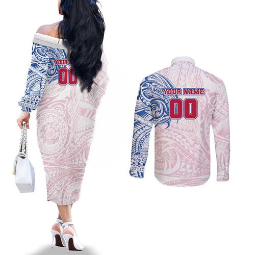 Personalized Western Bulldogs Polynesian Couples Matching Off The Shoulder Long Sleeve Dress and Long Sleeve Button Shirt Tribal Chest and Sleeve Tattoo Heritage Warrior
