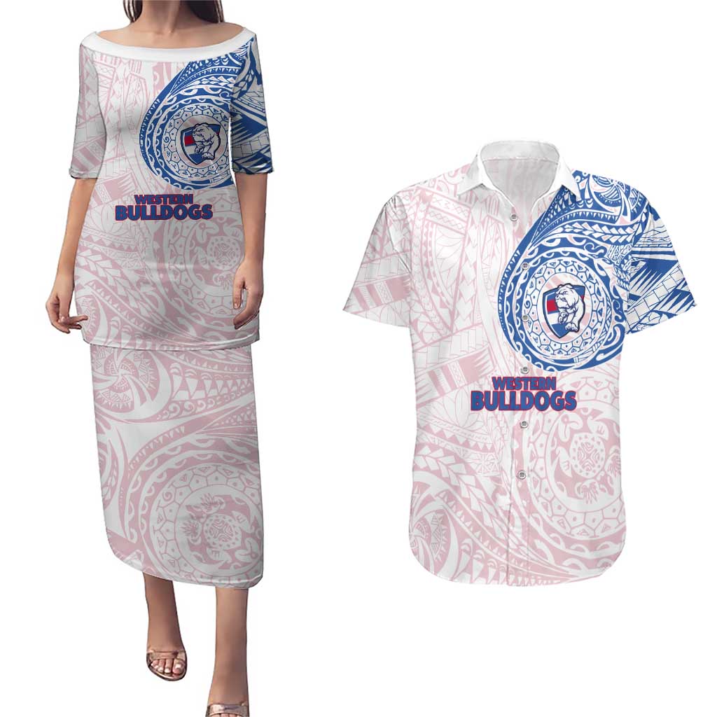 Personalized Western Bulldogs Polynesian Couples Matching Puletasi and Hawaiian Shirt Tribal Chest and Sleeve Tattoo Heritage Warrior