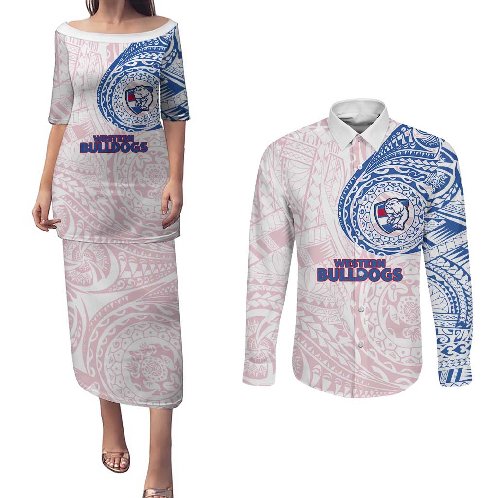 Personalized Western Bulldogs Polynesian Couples Matching Puletasi and Long Sleeve Button Shirt Tribal Chest and Sleeve Tattoo Heritage Warrior