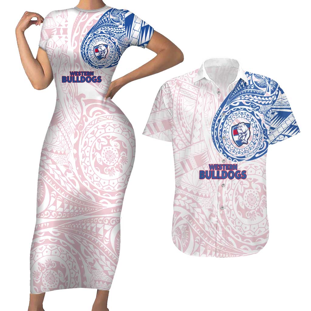 Personalized Western Bulldogs Polynesian Couples Matching Short Sleeve Bodycon Dress and Hawaiian Shirt Tribal Chest and Sleeve Tattoo Heritage Warrior