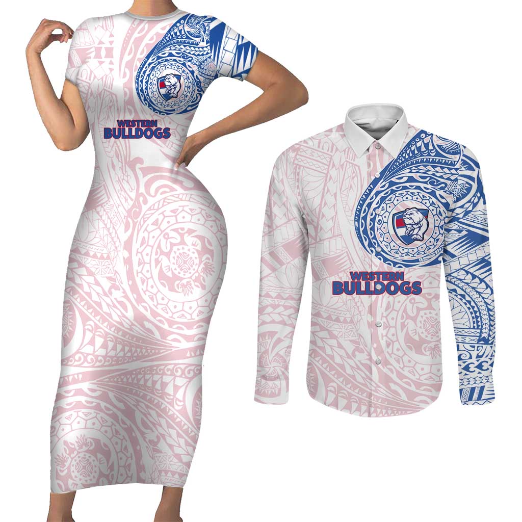 Personalized Western Bulldogs Polynesian Couples Matching Short Sleeve Bodycon Dress and Long Sleeve Button Shirt Tribal Chest and Sleeve Tattoo Heritage Warrior