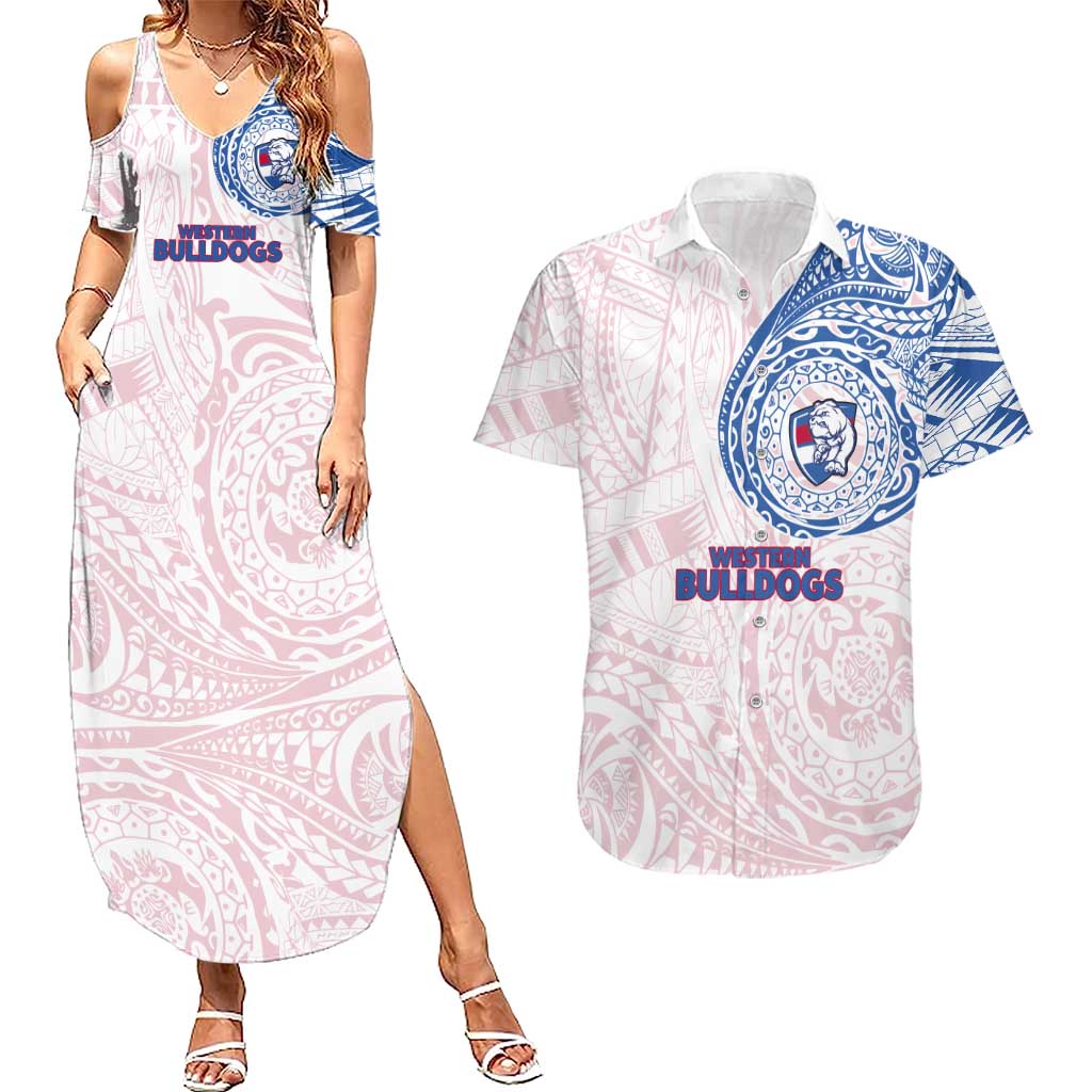 Personalized Western Bulldogs Polynesian Couples Matching Summer Maxi Dress and Hawaiian Shirt Tribal Chest and Sleeve Tattoo Heritage Warrior