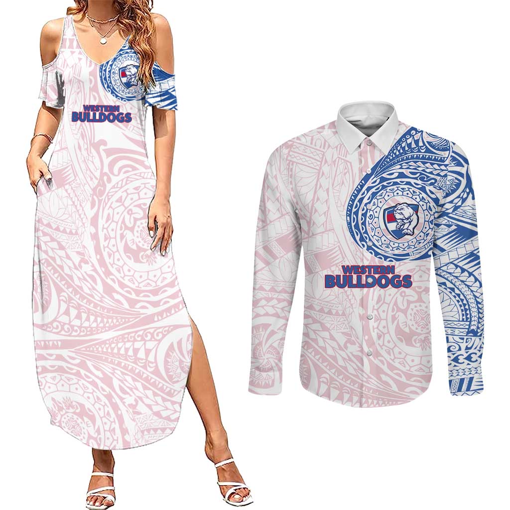 Personalized Western Bulldogs Polynesian Couples Matching Summer Maxi Dress and Long Sleeve Button Shirt Tribal Chest and Sleeve Tattoo Heritage Warrior