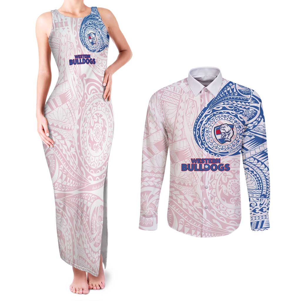 Personalized Western Bulldogs Polynesian Couples Matching Tank Maxi Dress and Long Sleeve Button Shirt Tribal Chest and Sleeve Tattoo Heritage Warrior