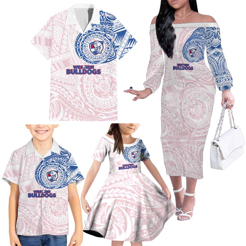 Personalized Western Bulldogs Polynesian Family Matching Off The Shoulder Long Sleeve Dress and Hawaiian Shirt Tribal Chest and Sleeve Tattoo Heritage Warrior