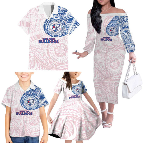 Personalized Western Bulldogs Polynesian Family Matching Off The Shoulder Long Sleeve Dress and Hawaiian Shirt Tribal Chest and Sleeve Tattoo Heritage Warrior