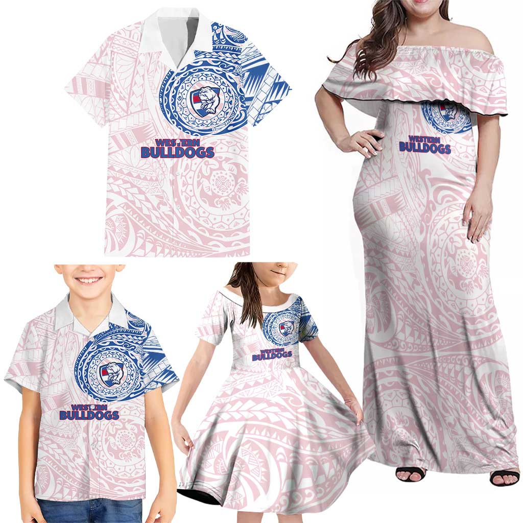 Personalized Western Bulldogs Polynesian Family Matching Off Shoulder Maxi Dress and Hawaiian Shirt Tribal Chest and Sleeve Tattoo Heritage Warrior
