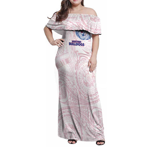 Personalized Western Bulldogs Polynesian Family Matching Off Shoulder Maxi Dress and Hawaiian Shirt Tribal Chest and Sleeve Tattoo Heritage Warrior