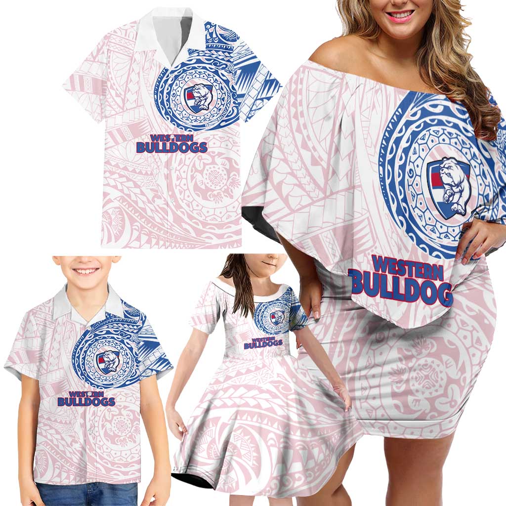 Personalized Western Bulldogs Polynesian Family Matching Off Shoulder Short Dress and Hawaiian Shirt Tribal Chest and Sleeve Tattoo Heritage Warrior