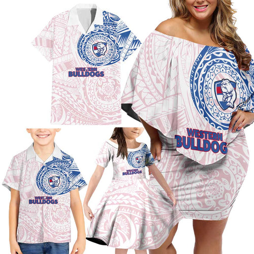 Personalized Western Bulldogs Polynesian Family Matching Off Shoulder Short Dress and Hawaiian Shirt Tribal Chest and Sleeve Tattoo Heritage Warrior
