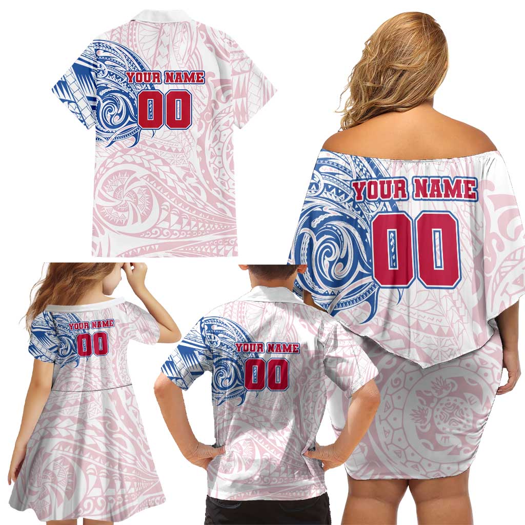 Personalized Western Bulldogs Polynesian Family Matching Off Shoulder Short Dress and Hawaiian Shirt Tribal Chest and Sleeve Tattoo Heritage Warrior