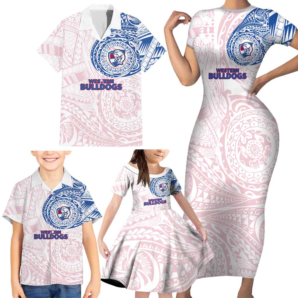 Personalized Western Bulldogs Polynesian Family Matching Short Sleeve Bodycon Dress and Hawaiian Shirt Tribal Chest and Sleeve Tattoo Heritage Warrior