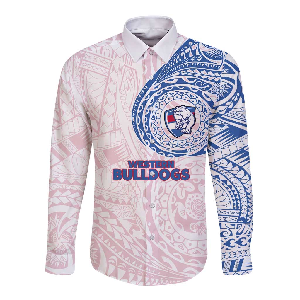 Personalized Western Bulldogs Polynesian Long Sleeve Button Shirt Tribal Chest and Sleeve Tattoo Heritage Warrior