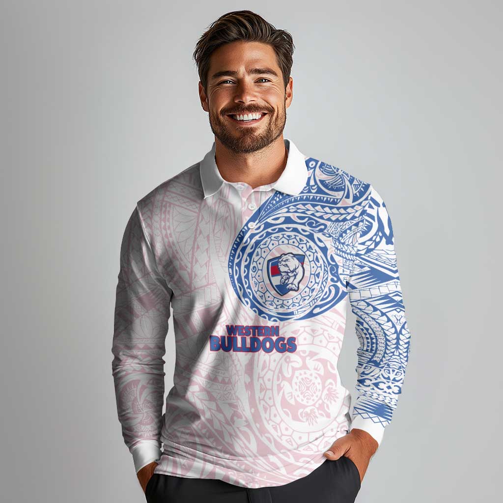 Personalized Western Bulldogs Polynesian Long Sleeve Polo Shirt Tribal Chest and Sleeve Tattoo Heritage Warrior