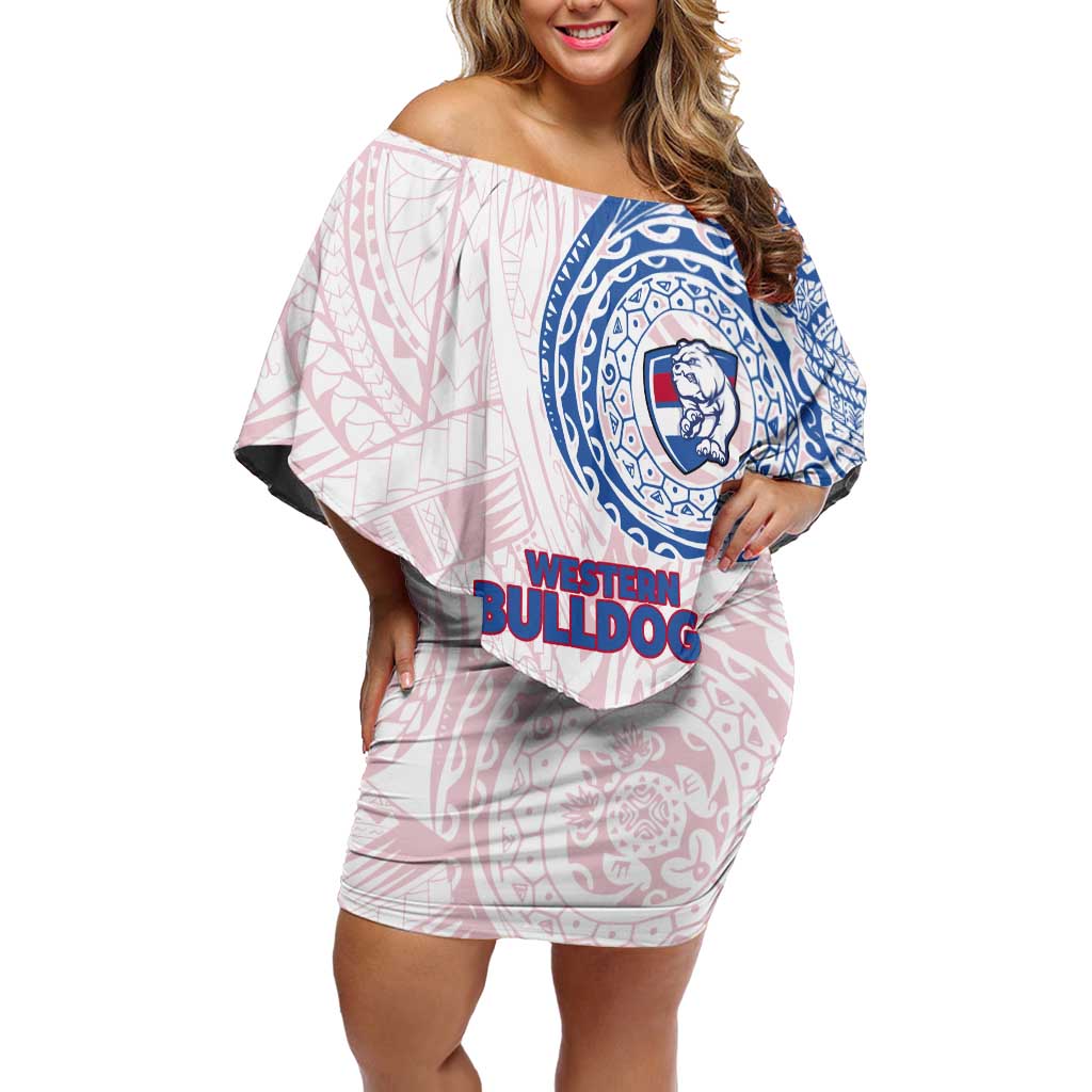 Personalized Western Bulldogs Polynesian Off Shoulder Short Dress Tribal Chest and Sleeve Tattoo Heritage Warrior
