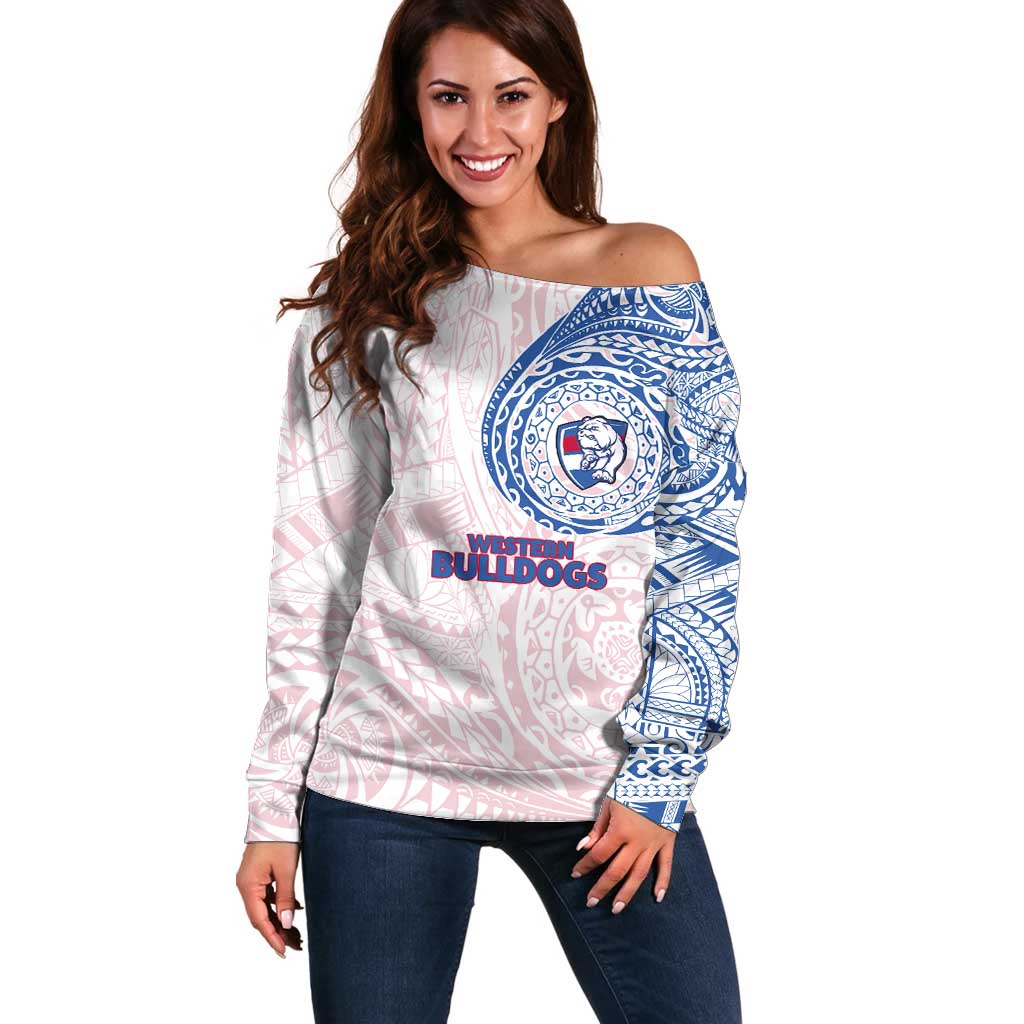 Personalized Western Bulldogs Polynesian Off Shoulder Sweater Tribal Chest and Sleeve Tattoo Heritage Warrior