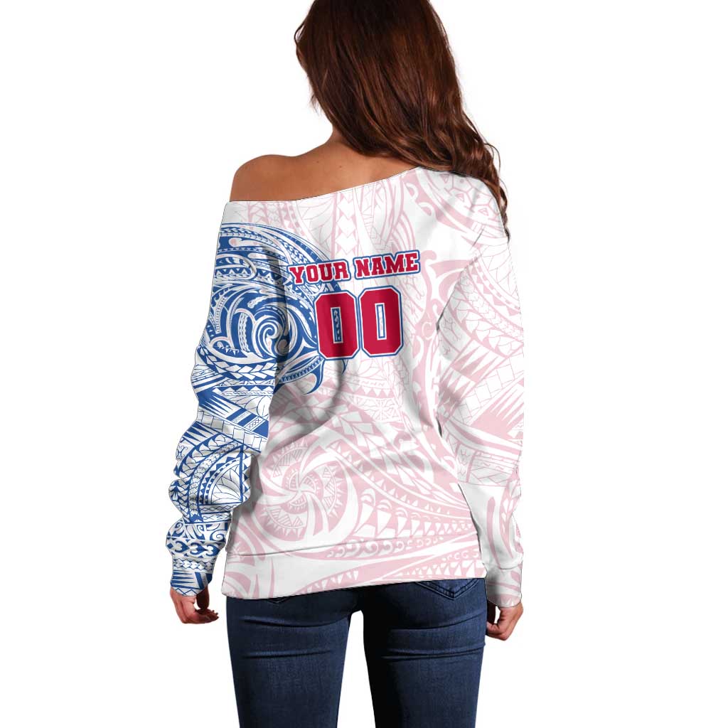 Personalized Western Bulldogs Polynesian Off Shoulder Sweater Tribal Chest and Sleeve Tattoo Heritage Warrior