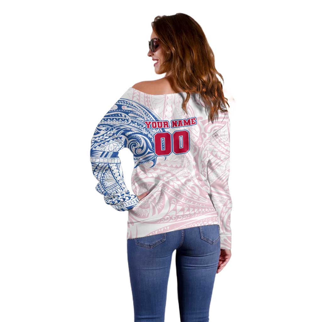Personalized Western Bulldogs Polynesian Off Shoulder Sweater Tribal Chest and Sleeve Tattoo Heritage Warrior