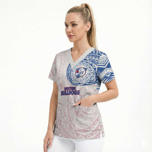 Personalized Western Bulldogs Polynesian Scrub Top Tribal Chest and Sleeve Tattoo Heritage Warrior