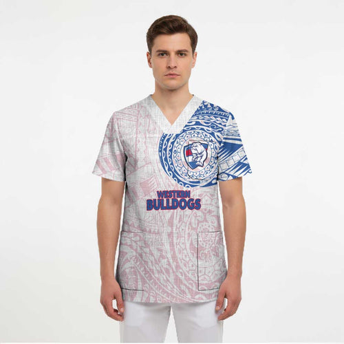 Personalized Western Bulldogs Polynesian Scrub Top Tribal Chest and Sleeve Tattoo Heritage Warrior