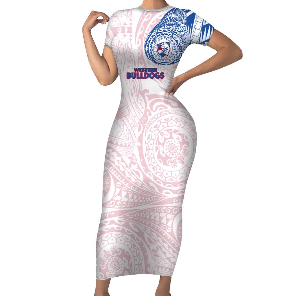 Personalized Western Bulldogs Polynesian Short Sleeve Bodycon Dress Tribal Chest and Sleeve Tattoo Heritage Warrior