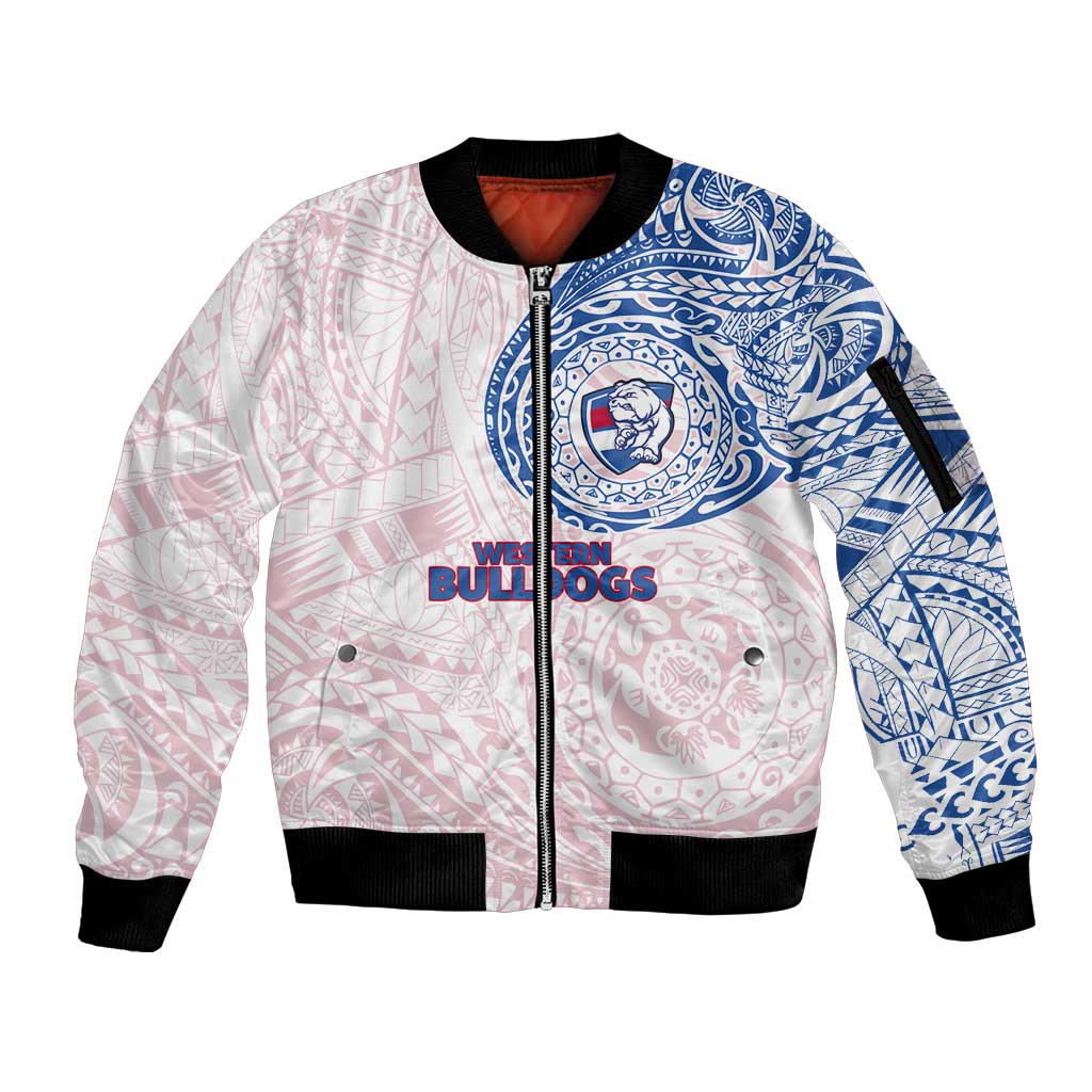 Personalized Western Bulldogs Polynesian Sleeve Zip Bomber Jacket Tribal Chest and Sleeve Tattoo Heritage Warrior