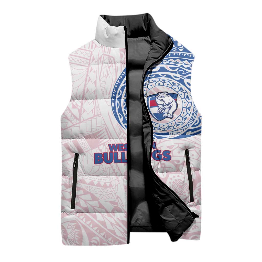 Personalized Western Bulldogs Polynesian Sleeveless Puffer Jacket Tribal Chest and Sleeve Tattoo Heritage Warrior