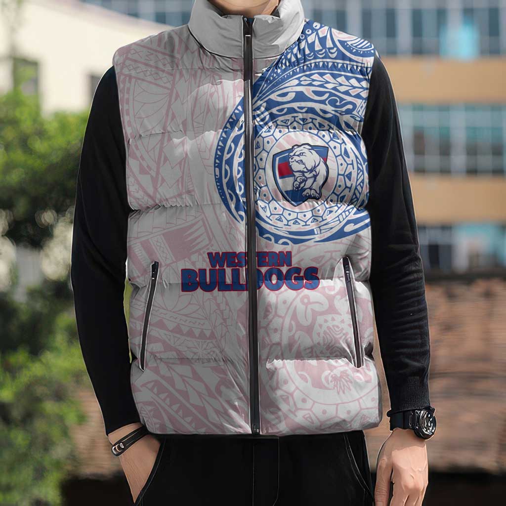 Personalized Western Bulldogs Polynesian Sleeveless Puffer Jacket Tribal Chest and Sleeve Tattoo Heritage Warrior