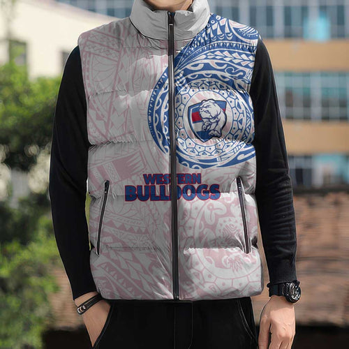 Personalized Western Bulldogs Polynesian Sleeveless Puffer Jacket Tribal Chest and Sleeve Tattoo Heritage Warrior