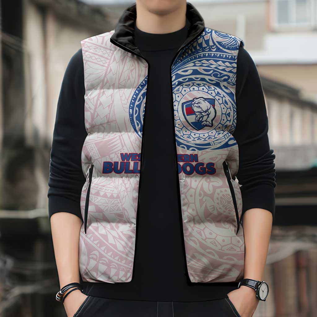 Personalized Western Bulldogs Polynesian Sleeveless Puffer Jacket Tribal Chest and Sleeve Tattoo Heritage Warrior