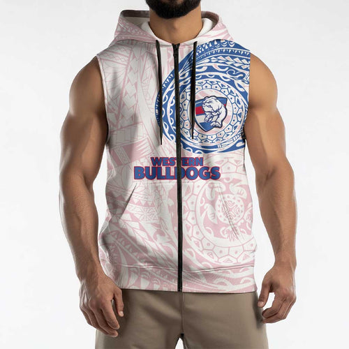 Personalized Western Bulldogs Polynesian Sleeveless Zip Hoodie Tribal Chest and Sleeve Tattoo Heritage Warrior