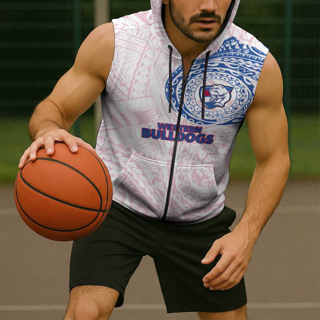 Personalized Western Bulldogs Polynesian Sleeveless Zip Hoodie Tribal Chest and Sleeve Tattoo Heritage Warrior